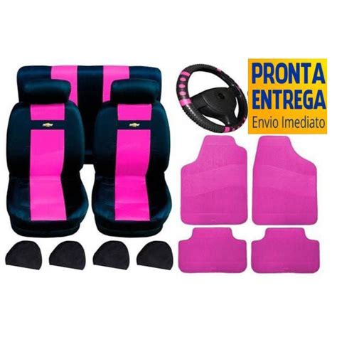 Kit Automotivo Capa Para Banco De Carro Preto E Rosa Tapete Capa De