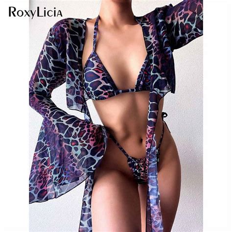 Cheap Halter Printed Bikini Women Swimwear Female Swimsuit Three Pieces