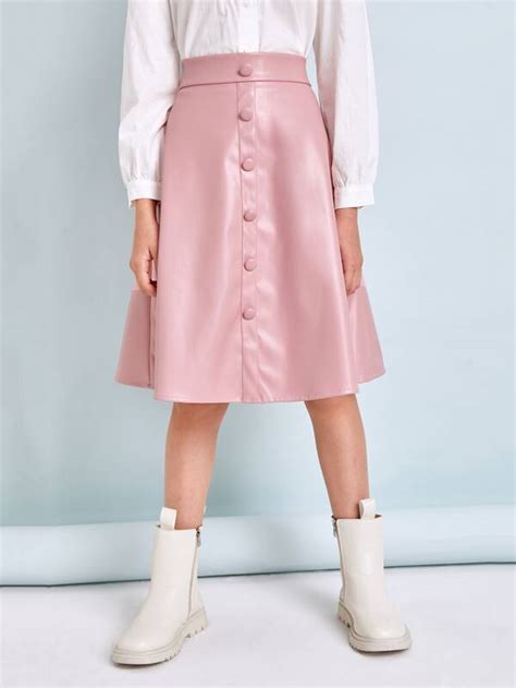 Shein Girls Buttoned Front Pu Leather Skirt Pink Shop