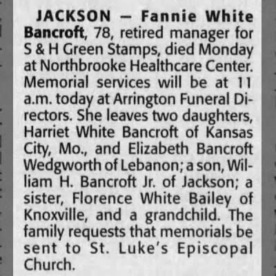 Obituary For Fannie White Bancroft Newspapers