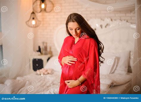 Lovely Long Haired Pregnant Woman Dressed In Elegant Pink Negligee