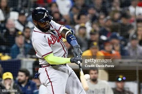 Marcell Ozuna of the Atlanta Braves hits a double during the sixth... News Photo - Getty Images