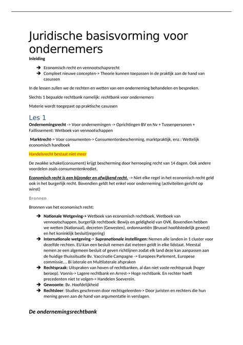 Samenvatting Juridische Basisvorming Voor Ondernemers KMO Management