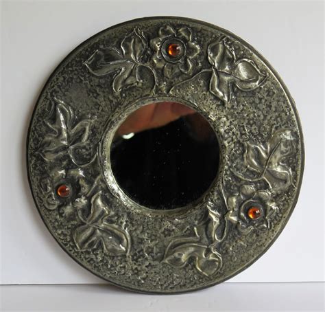 Pewter Round Wall Mirror Arts And Crafts With Amber Cabochons Circa