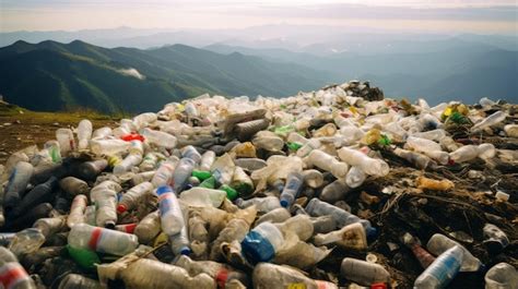 Gran pila de basura de botellas de plástico en la naturaleza ecología