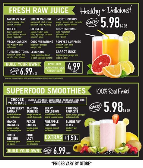 the menu for fresh juice and smoothies is shown