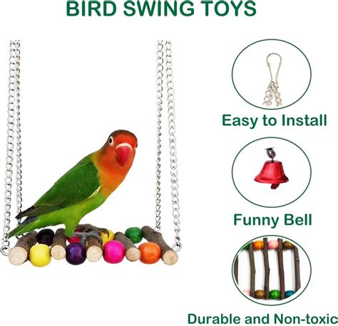 Parakeet Toys 8 Pcs Bird Cage Swing Chewing Toys With Bells, Natural ...