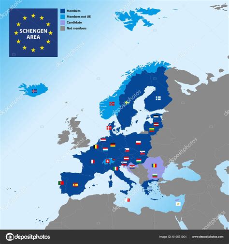 Mapa Del Espacio Schengen Con Fronteras Banderas Países Europa