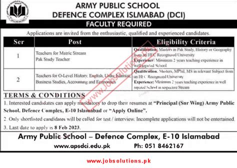 Army Public School Defence Complex Islamabad Jobs