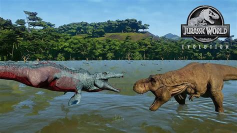 T REX THE KING VS MOSASAURUS BATTLE JURASSIC WORLD EVOLUTION