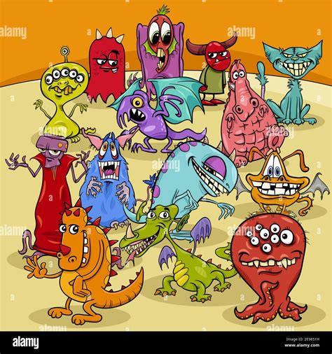 Cartoon Illustration Of Funny Monsters Fantasy Characters Group Stock