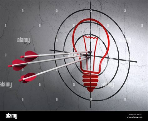 Business Concept Arrows In Light Bulb Target On Wall Background Stock