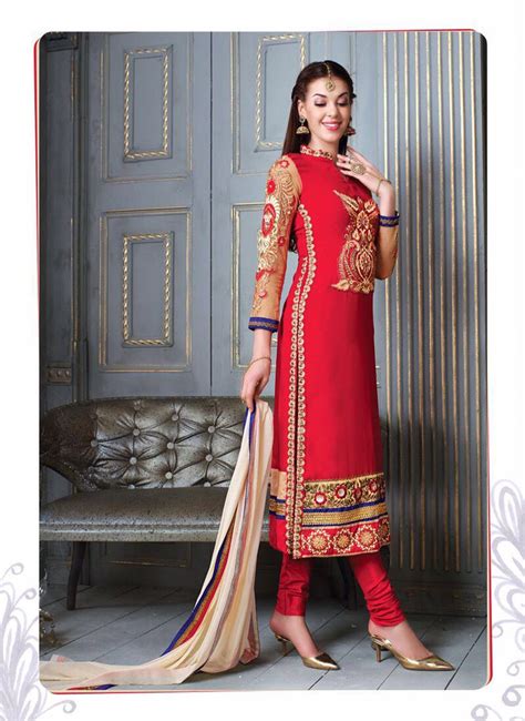 Red Georgette Churidar Suit 66622 Evening Wear Dresses Churidar