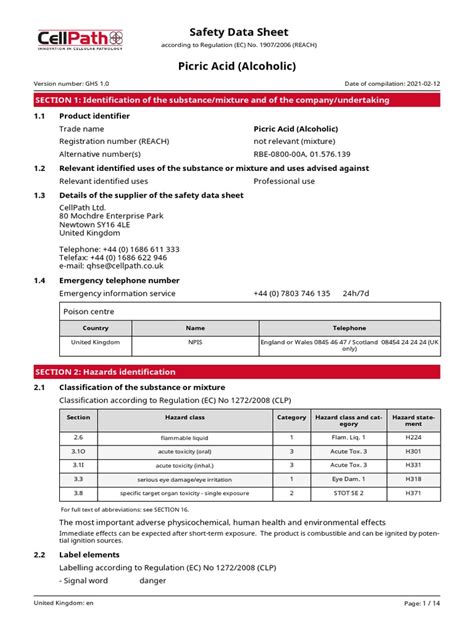 Safety Data Sheet Picric Acid Alcoholic Pdf Dangerous Goods Toxicity