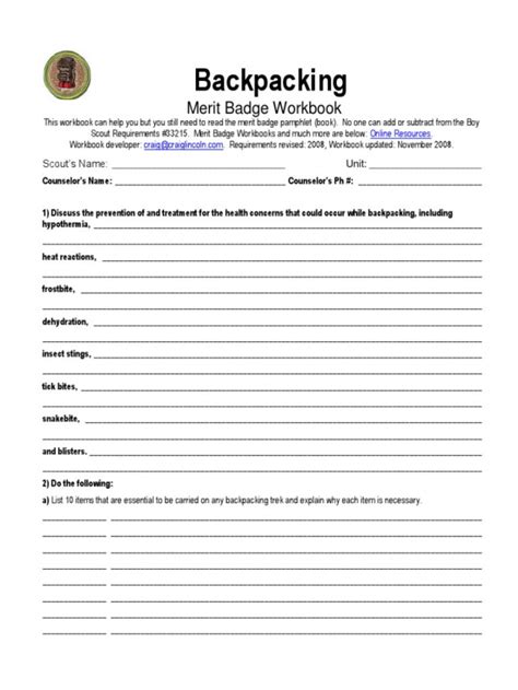 Hiking Merit Badge Worksheet – Printable PDF Template