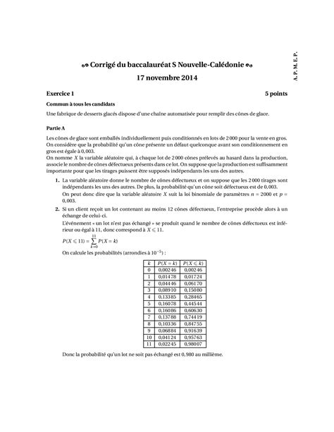 Annale Maths Bac S Nouvelle Calédonie novembre 2014 Corrigé AlloSchool