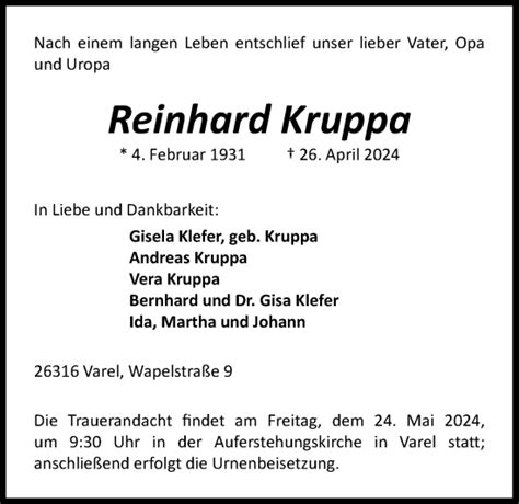 Traueranzeigen Von Reinhard Kruppa Nordwest Trauer De