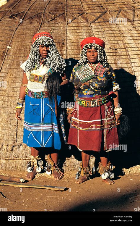 Two Zulu Sangoma women wearing traditonal dress Zululand South Africa ...