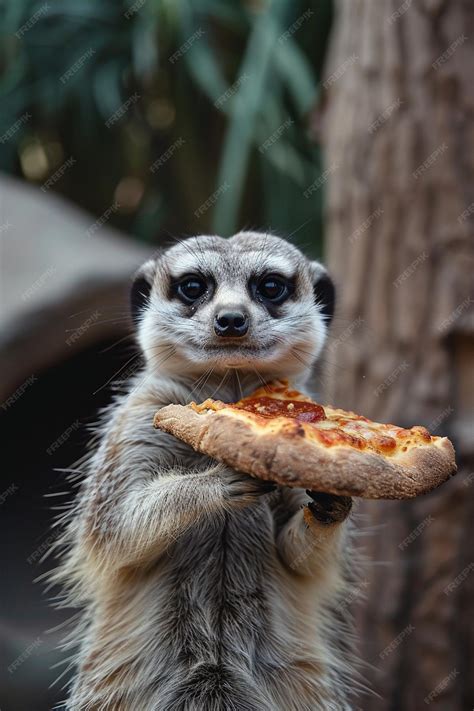 Premium Photo | Meerkat eating pizza closeup