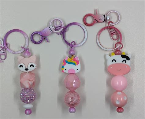 Cute Keyring Keychain Large Beaded Keychain Silicone Cow Fox Or Unicorn