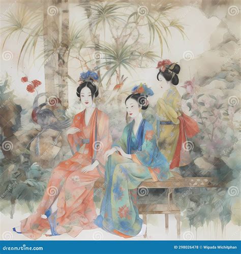 TRADITIONAL CHINESE GIRL CHINOISERIE STYLE WALL ART Stock Illustration