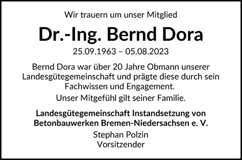 Traueranzeigen Von Dr Ing Bernd Dora Trauer Gedenken