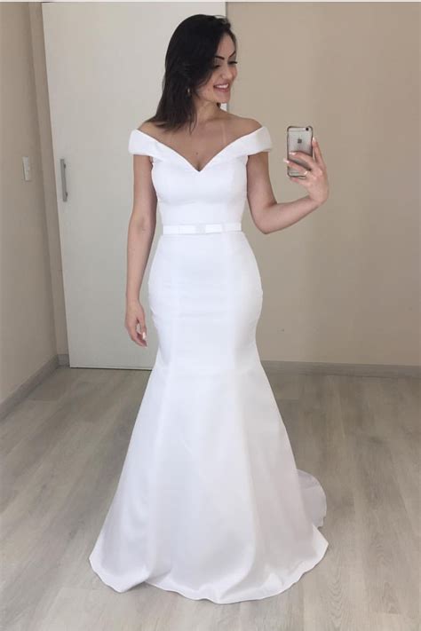 Simple Satin Mermaid Wedding Gown With Off The Shoulder Narsbridal