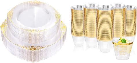 Amazon Nervure 100PCS Clear And Gold Plastic Plates 120PCS Gold