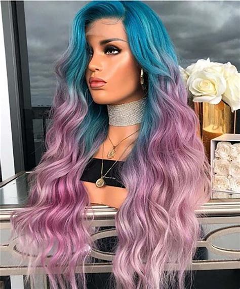 Long Wavy Wig Gradient Blueand Purple Curly Wig Heat Resistant Etsy In 2020 Blue Ombre Hair