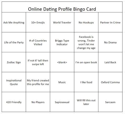 Online Dating Profile Bingo Bio Edition Ronlinedating