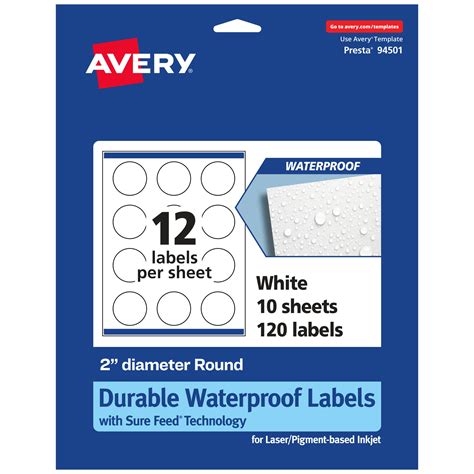 Avery Durable Waterproof Round Labels with Sure Feed, 2" Diameter, 120 Oil and Tear-Resistant ...