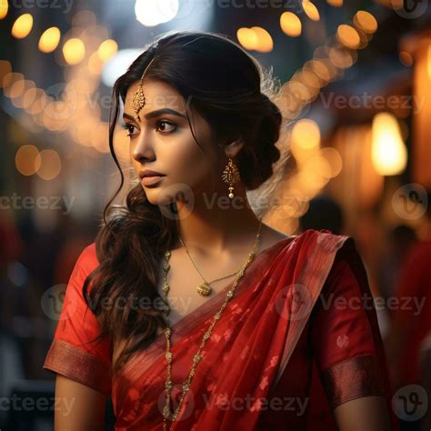 Closeup Of Young Girl Wearing Red Kerala Silk Saree Generative Ai