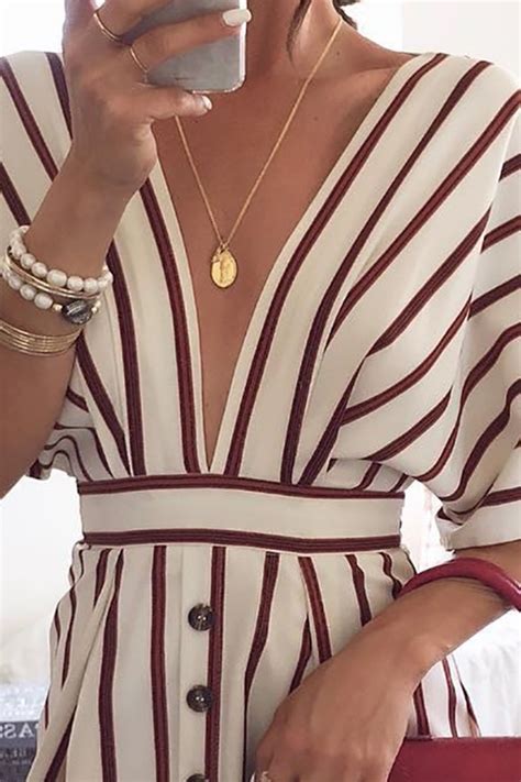 Sexy V-neck Striped Button Dress - TheCelebrityDresses