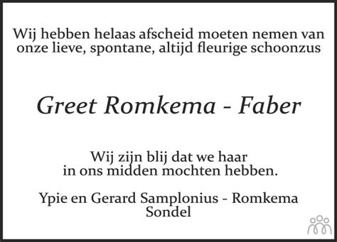 Greet Grietje Romkema Faber Overlijdensbericht En