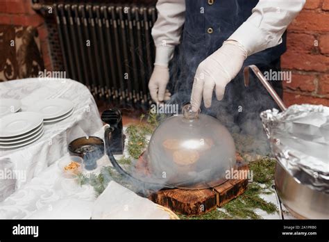 Chef is smoking a dish before serving, modern cooking technique Stock ...