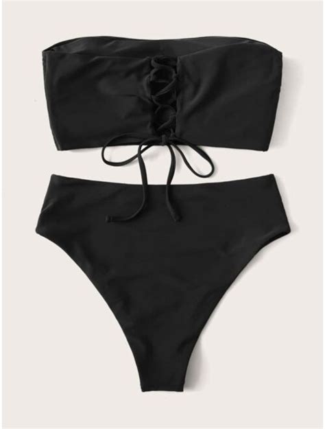 Buy Shein Lace Up Back Bandeau High Waisted Bikini Swimsuit Online