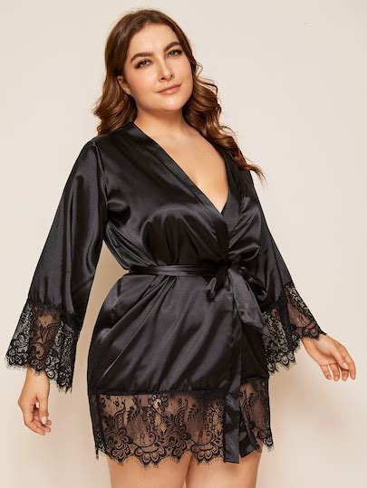 Plus Contrast Lace Satin Robe With Belt Swnight03190716972 24 00