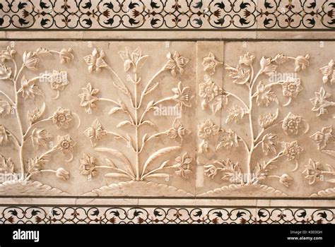 Carved Marble And Inlay Work On Exterior Of Taj Mahal Agra India