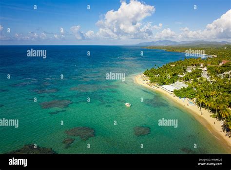 Aerial View Of Tropical Beach With White Boat Anchoredsamana Peninsula