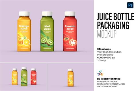 Juice Bottle Packaging Mockup 3 Views