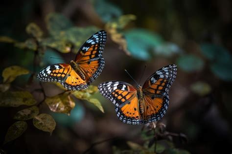 Dos mariposas están sentadas en una rama una de las cuales es naranja