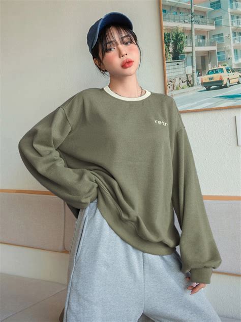 DAZY Letter Embroidery Drop Shoulder Pullover SHEIN USA