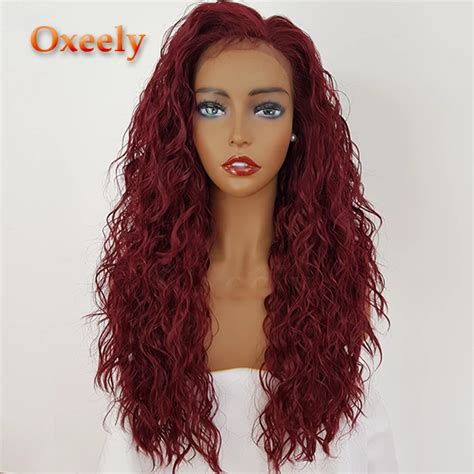 Oxeely 180 Long Loose Curl Synthetic Lace Front Wigs Glueleess Burg