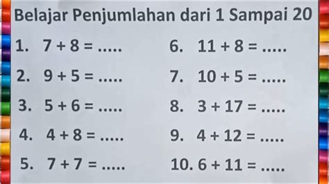 Belajar Penjumlahan Dari 1 Sampai 20 Untuk Anak Tk Paud Dan Sd Kelas 1 Youtube