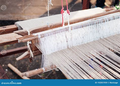 Cotton Fiber Weaving Loom Local Thai Cotton Fabric Making In Rural Area