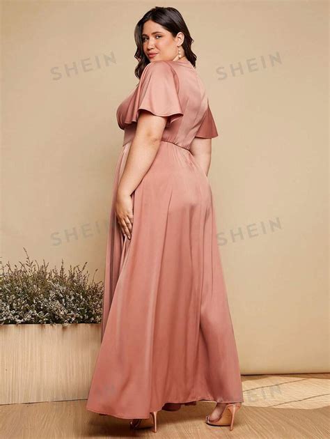 Shein Belle Plus Plunging Neck Butterfly Sleeve Maxi Solid Dress