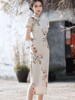 Floral Ramie Tea Length Summer Qipao Cheongsam Dress CozyLadyWear