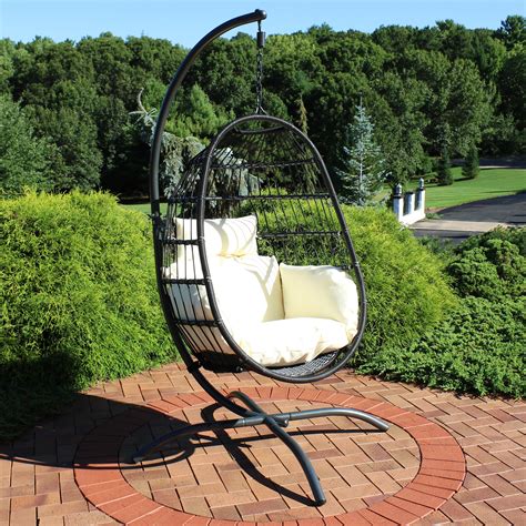 Sunnydaze Penelope Hanging Egg Chair with Seat Cushions and Stand - Black Hanging Wicker Chair ...