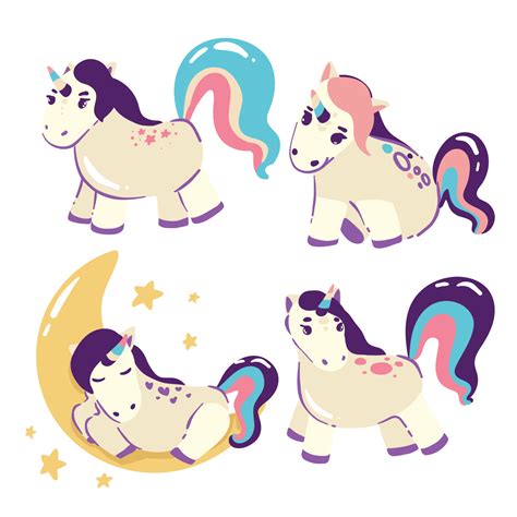 Conjunto De Lindos Unicornios De Dibujos Animados Aislados En Un Fondo