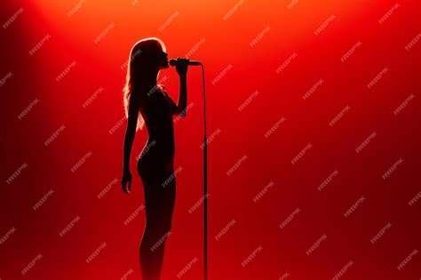 A Woman Singing Into A Microphone In Front Of A Red Background Premium Ai Generated Image